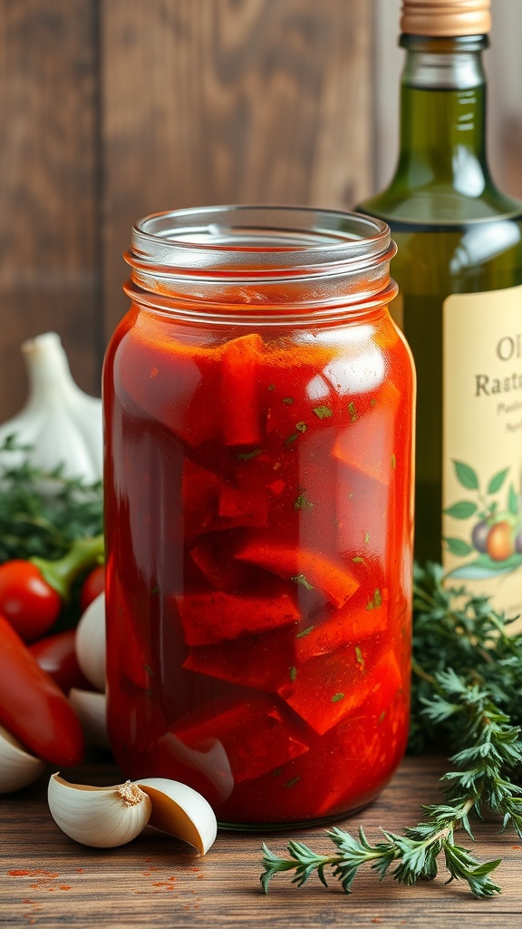 A jar of roasted red pepper marinade with garlic and olive oil, emphasizing Mediterranean flavors.